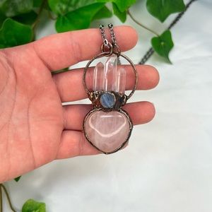 Heart Rose Quartz, Clear Quartz & Kyanite Crystal Necklace